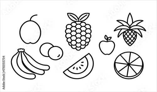 Collection of simple line art drawings of various fruits for coloring
