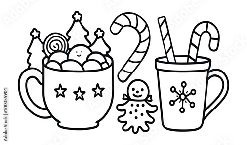 Hand drawn doodle illustration of christmas treats and hot drinks