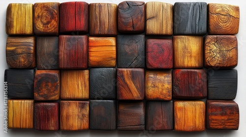 Craftsmanship of Colors: An artful composition of wooden blocks, each showcasing unique hues and textures, arranged in an aesthetic display of organic materials and artistic expression.
