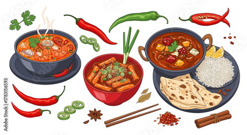 An illustrated collection of spicy Asian cuisine, including curry, rice, naan bread, and various aromatic spices.