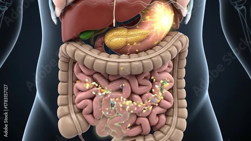 3D Animation of the Human Digestive System with Nutrient Absorption in Stomach and Intestines