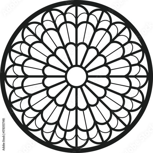 Black stained glass rose window vector on white background