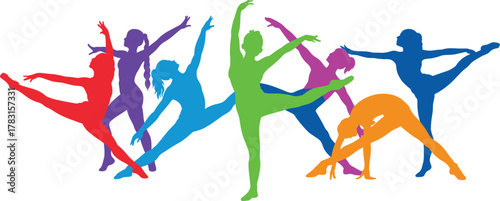 Colorful silhouette dancers illustration, ballet and contemporary dance poses, vibrant artistic performance, flexibility balance grace, creative movement artwork,