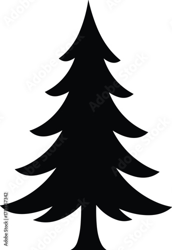 Black pine tree silhouette vector, simple evergreen illustration, minimal forest tree design, Christmas spruce icon, nature clipart, conifer shape graphic art