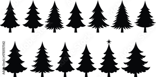 Black pine tree silhouettes vector set, evergreen spruce icons collection, forest tree shapes, Christmas tree clipart, minimal nature design, woodland graphic illustration