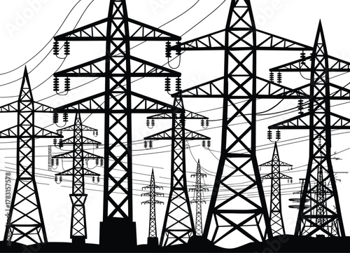 Electricity, transmission, infrastructure, power, grid, energy, pylons, towers, voltage, lines, industrial, engineering, network, silhouette, lattice, steel, utility, distribution, 