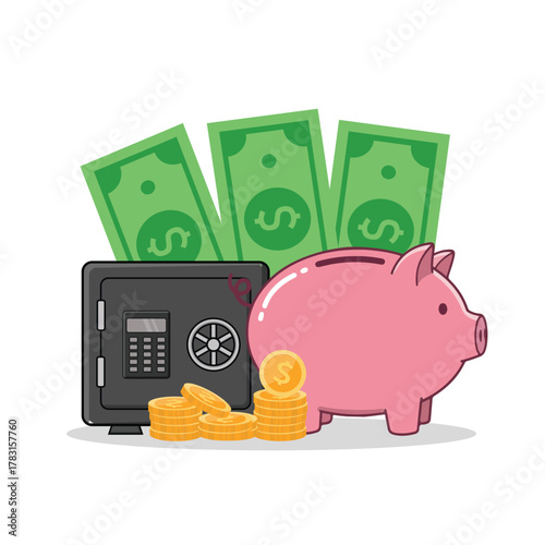 Money saving and financial security concept, piggy bank, safe box, gold coins, and cash illustration for finance, investment, and banking. Budget business strategy, finance and accounting