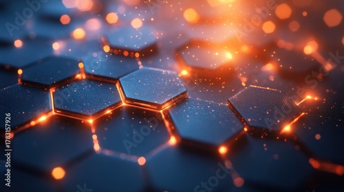 Honeycomb Tech: A close-up view unveils a futuristic honeycomb structure, radiating with vibrant, interconnected energy, embodying the essence of innovation and technological advancement.