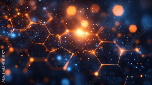 Illuminated Hexagonal Network: The image presents a vibrant network of interconnected hexagons, bathed in a celestial glow of orange and blue lights.