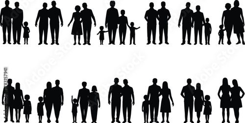 Family silhouettes diverse parents children groups, single parent with kids, mother father child figures, community family structure concept, social study illustration, demographic diversity