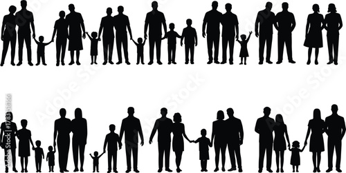 Family silhouettes, diverse people groups, parents and children, social relationships, community unity, demographic diversity, lifestyle illustration, human connection, sociology concept