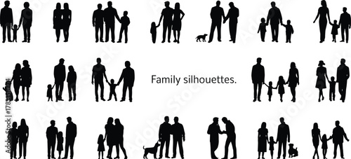 Family silhouettes, parents children pets, diverse family groups, holding hands, walking together, love unity, black silhouettes, lifestyle illustration, social concept,