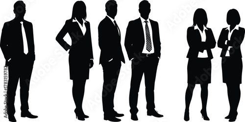Business people silhouettes, men and women in formal attire, corporate professionals standing together, teamwork concept vector illustration, elegant office business design