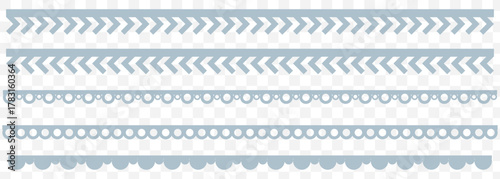Scalloped edge seamless brush strokes set. Simple scalloped border. Fabric laces silhouette. Repeat cute vintage frill ornament. Texture ribbons. Vector illustration Blue color on Transparent. EPS 10.