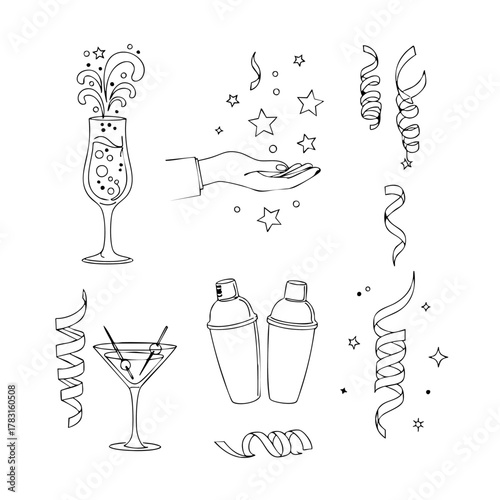 This collection of elegant line art illustrations captures the essence of festive celebrations, featuring sparkling champagne, classic cocktails, and whimsical party decorations.