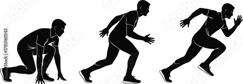 Three sequential black silhouettes depicting a person preparing to sprint