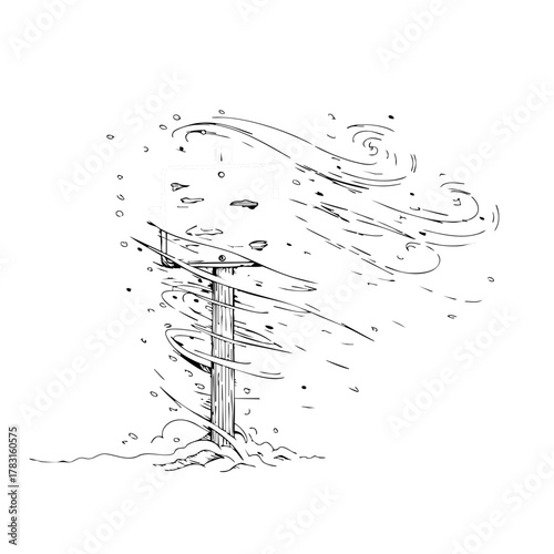 A black and white sketch depicts a utility pole enduring a fierce windstorm, with debris swirling around it, illustrating the power and impact of severe weather.