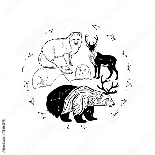 A captivating black and white illustration showcases arctic animals like a bear, owl, fox, and reindeer, adorned with constellation patterns, creating a celestial wildlife scene.