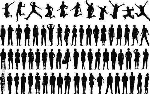 Silhouette people poses, standing figures, jumping dancers, casual stances, human posture collection, vector illustration, lifestyle concept, fashion template, teamwork design, fitness movement, 