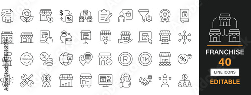 Franchise 40 editable line icons pack. Business, branch, license, expansion, network, distribution, retail, outlet, agreement, brand and more icons.