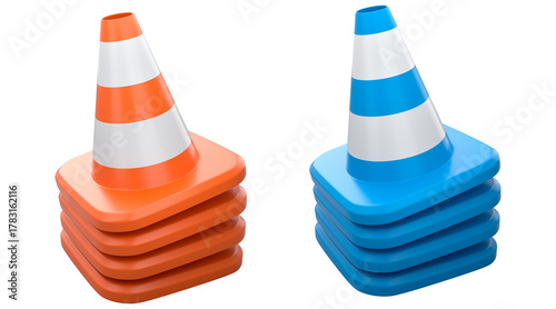 Traffic safety cones with white stripes, isolated on white background with clipping path. Concept of road safety equipment