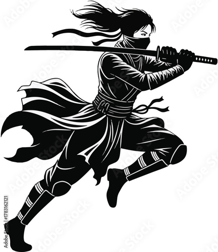 Dynamic ninja warrior silhouettes in action, wielding swords, designed as a vector EPS illustration for martial arts, combat, and adventurous themes.