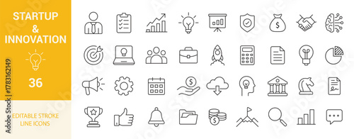 Startup and Innovation Line Icons. Business, Strategy, Idea, Growth, Technology Vector Set