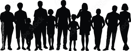 Silhouettes of diverse people, standing in row, black figures, adults and children, group diversity, human shapes, upright posture, isolated, inclusive concept, unity