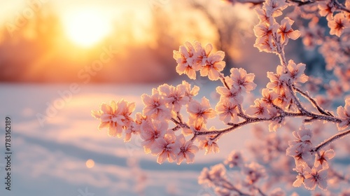 Winter blossoms at sunrise, snow-covered branches