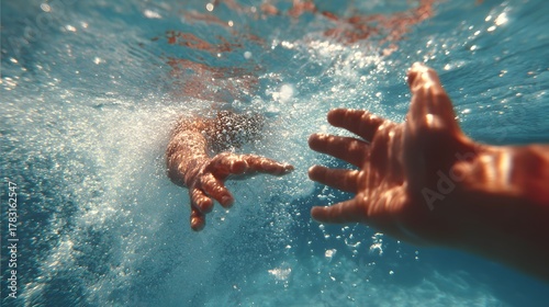 Swimmer is hand above water as lifeguard reaches out