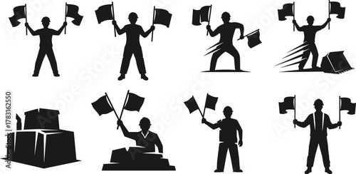 "Construction worker silhouettes with flags, safety signals, industrial site, hard hats, teamwork, communication, labor, machinery, coordination, job site"