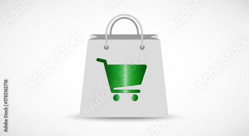 Online shopping bag with green shopping cart icon for ecommerce retail and delivery services concept