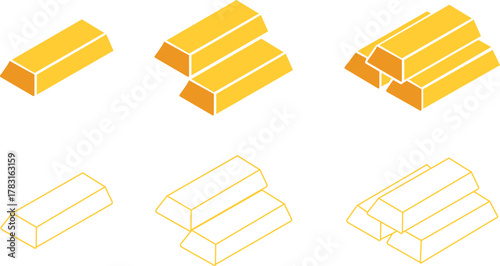 Gold bars icons set, bullion collection, precious metal group, finance and wealth symbol vector illustration, black flat and line style design, investment and treasure collection on transparent backgr