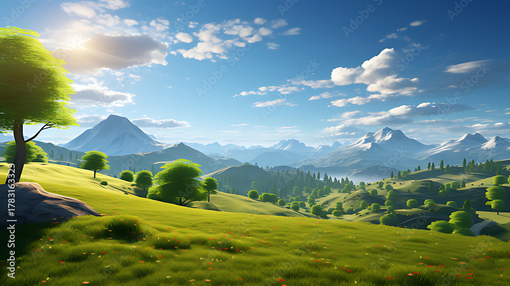 Naklejka premium Lush green valley with rolling hills and distant mountains under a sunny sky