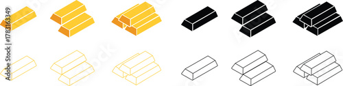 Gold bars icons set, bullion collection, precious metal group, finance and wealth symbol vector illustration, black flat and line style design, investment and treasure collection on transparent backgr