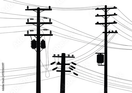Utility poles illustration, electrical distribution system, power lines vector art, transformers insulators junction boxes, industrial energy infrastructure, technical drawing,