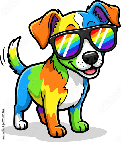 A cool cartoon dog with vibrant rainbow-colored fur and stylish sunglasses, wagging its tail. This fun vector illustration represents joy and pride