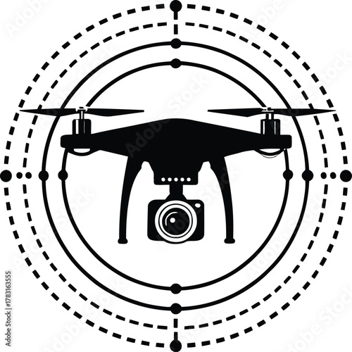 Silhouette of a drone with camera surrounded by concentric circles and dotted lines on a white background