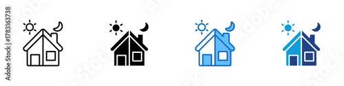 Home Routine Multiple Style Icon Design Vector - house with the sun and moon, representing daily routines, home life, and balance between day and night