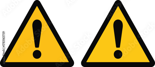 Two yellow warning signs with exclamation points on it warning, yellow, sign, exclamation, point, triangle, caution, danger, alert, hazard, safety, symbol, attention, risk, icon, black, shape, graphic