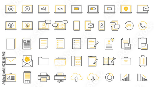 ビジネス　アイコン　ベクター　シンプル　複数　パソコン　スマホ　出張　プリンター　グラフ　社員証