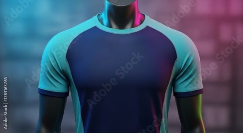 Stylish Two-Tone T-Shirt on Mannequin with Dynamic Lighting.