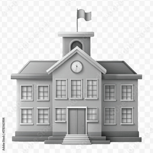 abstract 3d school building with flag on top in different color style isolated on transparent background