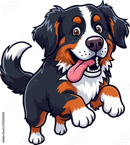 Cheerful Bernese Mountain Dog cartoon character mascot running playfully with a big smile and wagging tail. Vector illustration of a happy pet