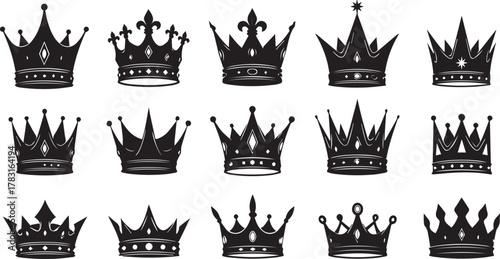 Collection of black royal crowns vector icons set, symbol of king, queen, and success, isolated on white background.