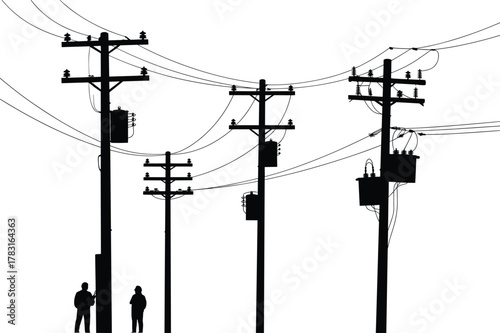 Utility poles silhouette, electrical transformers, power lines network, urban infrastructure, energy distribution, electricity grid, industrial illustration, engineering diagram,