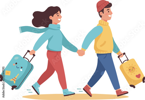 Couple Traveling with Luggage Vacation Trip Illustration 