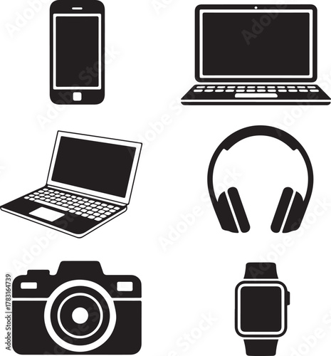 Black and white vector icon set of modern technology devices
