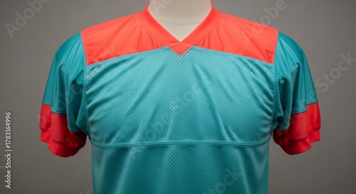 Turquoise and Coral Sports Jersey on Mannequin for Athletic Apparel.