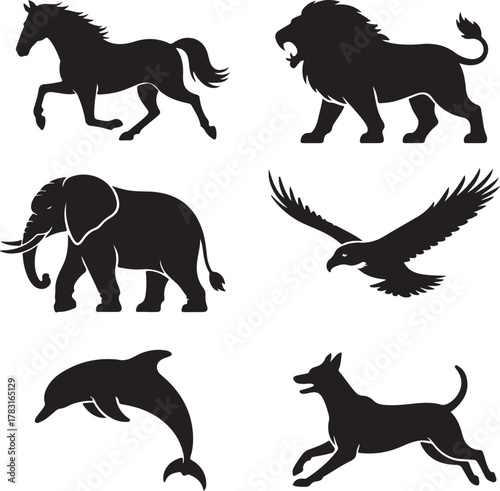 Black animal silhouettes on white background featuring various wildlife species